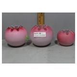 Three Ruffletop Matte Pink Art Glass Bowls