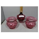 Three pc Cranberry Art Glass grouping incl pair of
