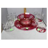 Six pcs art glass - ruby cut to clear center bowl