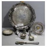 Silverplate trinkets - serving tray, salt