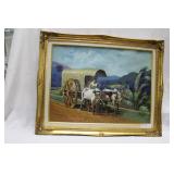 Indian acrylic on canvas of covered wagon & oxen