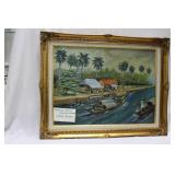 Covered boats from Kerala India framed acrylic on