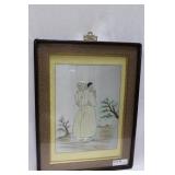Pair Framed silk of man in wide brim hat  & wife