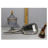 Art glass lidded candy dish, Dickel mini bottle,