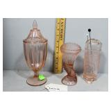 Pink Depression Glass grouping: lidded candy dish