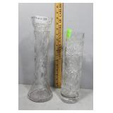 Two brilliant cut cylinder vases with floral