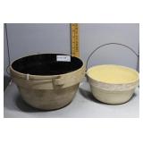 Two stoneware metal handled bowls - yellow &