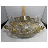 gold etched clear glass grouping incl fruit bowl,