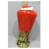 Orange Glass Vase with green and black splatter -