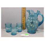 HP blue ruffle top vase & 3 water glasses