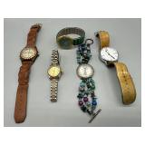 Five Watches incl Lucoral blue beaded band, Clio
