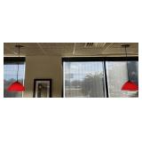 Two red pendant lights, cloth shade ceiling fixtur