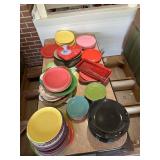 Assorted colored dinnerware & holiday serving tray