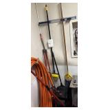 Grouping - 3 brooms, scrubber, waste dust pan & mo