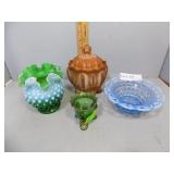 Four pcs Art Glass covered dish, green covered gla