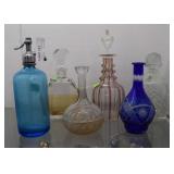 Five Decanters, Blue Seltzer Bottle and Stoppers