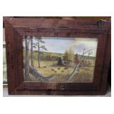 Painting on board of quail covey in flight