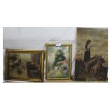 Three oil on canvas painting incl girl with dogs