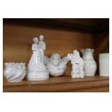 Belleek six pcs incl wedding couple, floral vase,