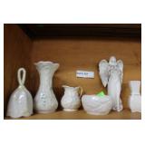 Belleek six pcs - clover, bud vase creamer, virtue