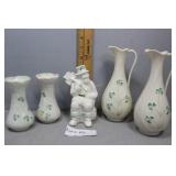 Five pc Belleek 'Luck of the Irish': bud vase, lep