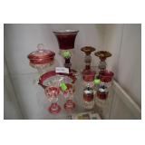 Ruby Flash glass serving display goblets and candl