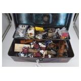 Tackle Box with assorted smalls, jewelry, Raisins,