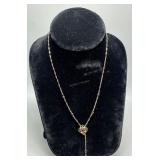 14kt Lariat Necklace 16' with garnet and 1.75' dro