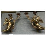Pair Cast Metal gold gilt cherub wall sconces