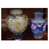 Two Cloisonee Vases: yellow ginger jar and blue ko
