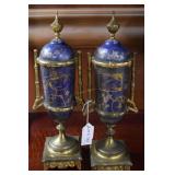 Pair HP blue porcelain in gilt metal chinese urns