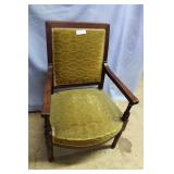 Walnut framed arm chair in green velvet upholstry