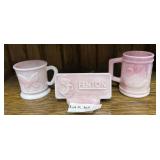 Three pc Fenton pink milk glass: 2 mugs, sign