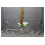 Swan cut glass center bowl and pair swan candlesti
