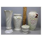 Four Belleek floral pcs incl bud vases, butterfly