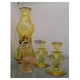 5 Glass Pcs. inc: Lamp, Candlesticks, Basket