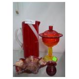 Amberina compote, carnival glass lace ruffled cand