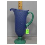 Art glass blue & green pitcher w/ swirl pattern,