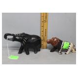 Black stone Elephant w/ up trunk & stone Lion w/
