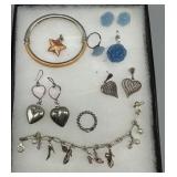 Nine pc Sterling jewelry grouping incl bangle, sta