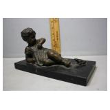 Bronze reclining young girl with frog on marble ba