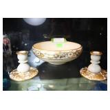 3pc gold gilt Limoge porcelain - candlesticks & ce
