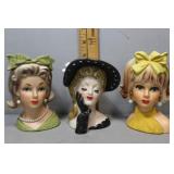 Three lady head vases - green bow, black bonnet &