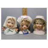 Three lady head vases incl. bonnets