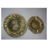 Paperweight & two hand hammered brass ashtrays wit
