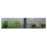 Thirteen green depression glass incl pitchers, vas