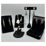 Sterling earring & art deco ring grouping - 36.2gt