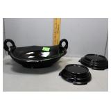 Black glass double handled swan bowl & two pedesta
