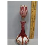 Bohemian Cranberry glass decanter with white and f