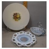 3pcs milk glass - fruit cornucopia plate, Swan dis